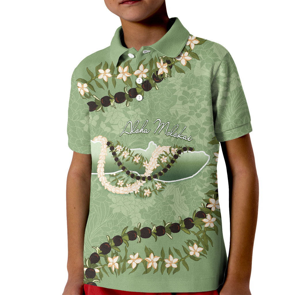 Hawaii Molokai Island Flowers Lei Kid Polo Shirt Kukui Nut Mossy Green LT7 Kid Moss Green - Polynesian Pride