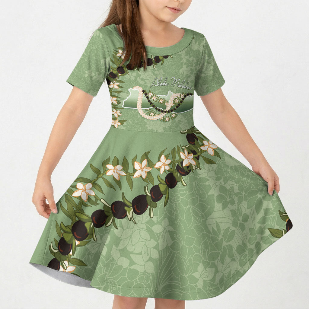Hawaii Molokai Island Flowers Lei Kid Short Sleeve Dress Kukui Nut Mossy Green LT7 KID Moss Green - Polynesian Pride