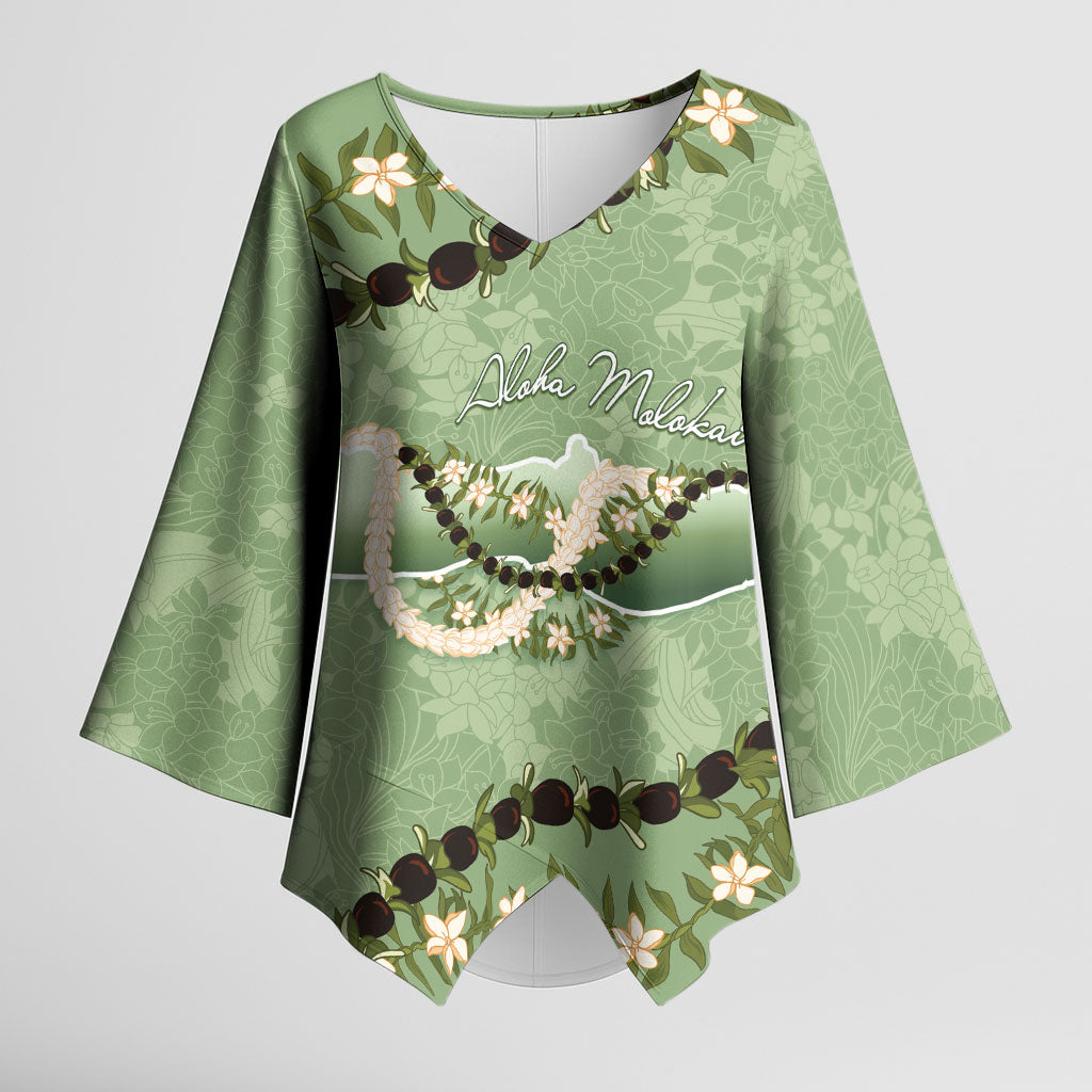 Hawaii Molokai Island Flowers Lei Kimono Sleeve Blouse Kukui Nut Mossy Green LT7 Female Moss Green - Polynesian Pride