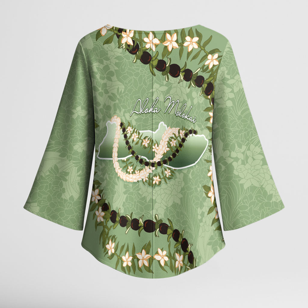 Hawaii Molokai Island Flowers Lei Kimono Sleeve Blouse Kukui Nut Mossy Green