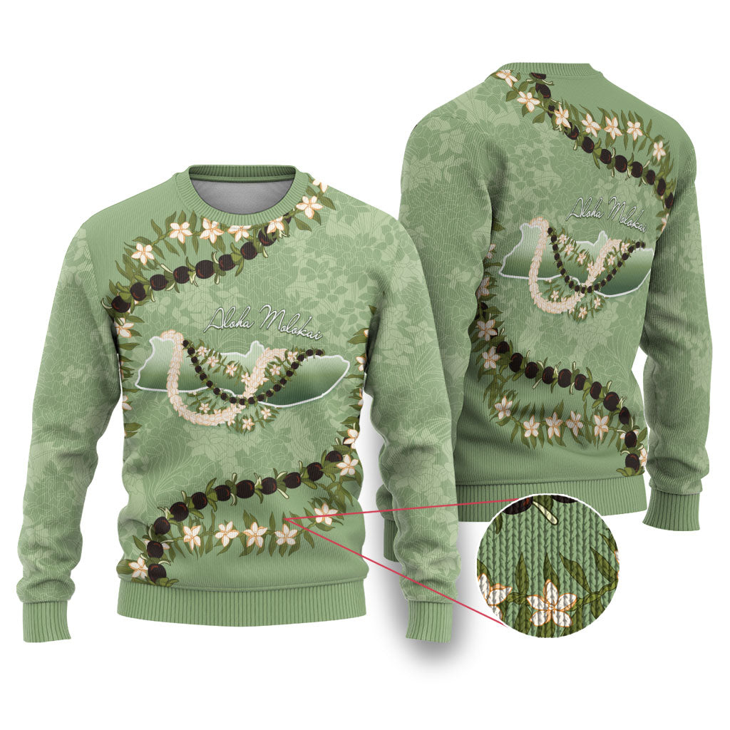 Hawaii Molokai Island Flowers Lei Ugly Christmas Sweater Kukui Nut Mossy Green LT7 Moss Green - Polynesian Pride