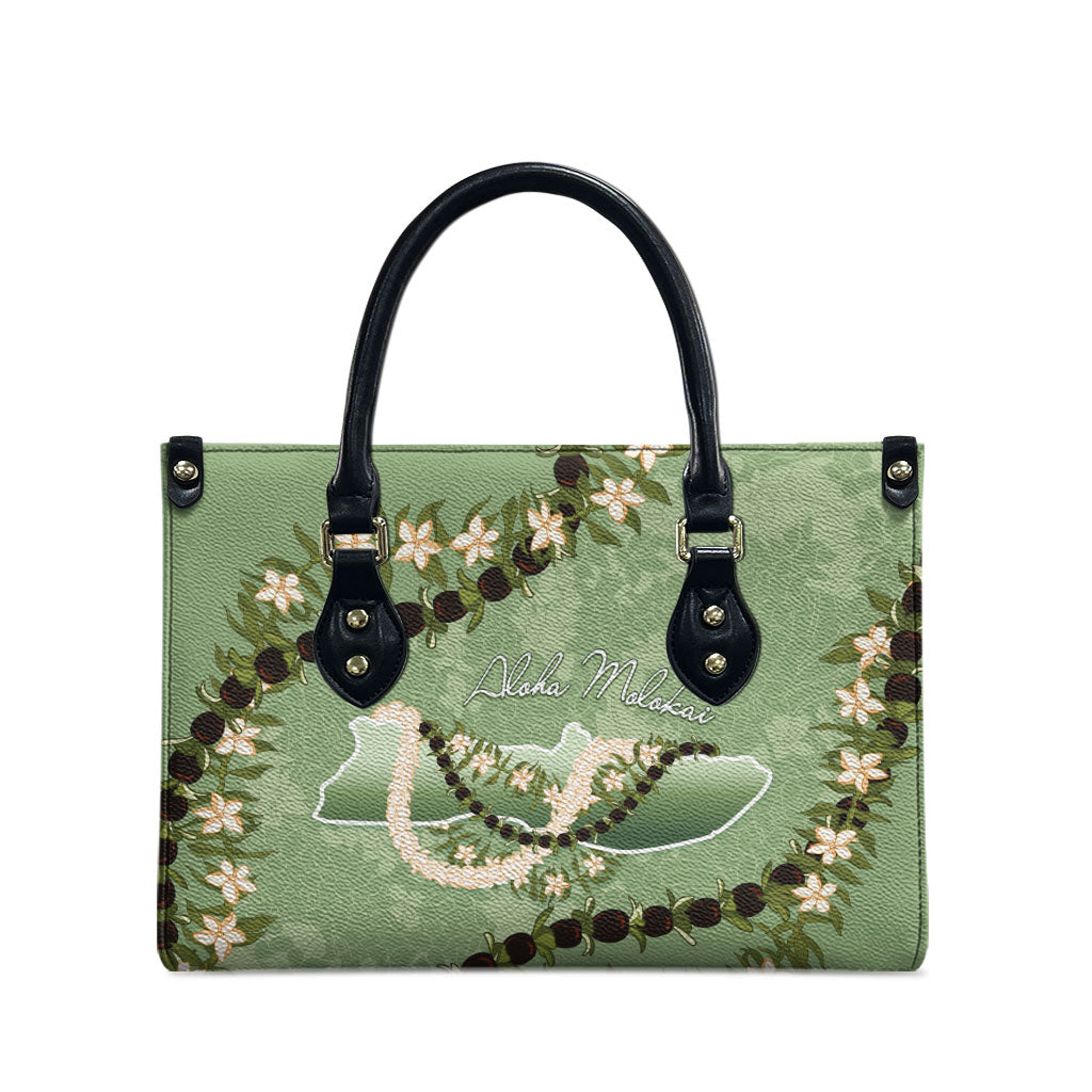 Hawaii Molokai Island Flowers Lei Leather Bag Kukui Nut Mossy Green