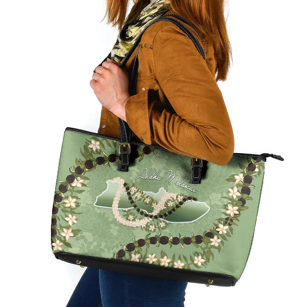 Hawaii Molokai Island Flowers Lei Leather Tote Bag Kukui Nut Mossy Green LT7 Moss Green - Polynesian Pride