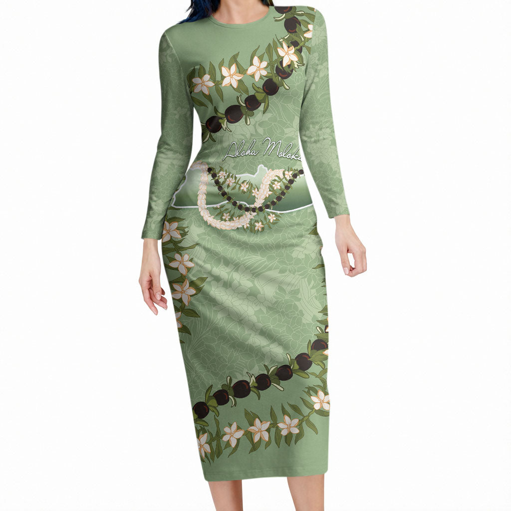 Hawaii Molokai Island Flowers Lei Long Sleeve Bodycon Dress Kukui Nut Mossy Green LT7 Long Dress Moss Green - Polynesian Pride