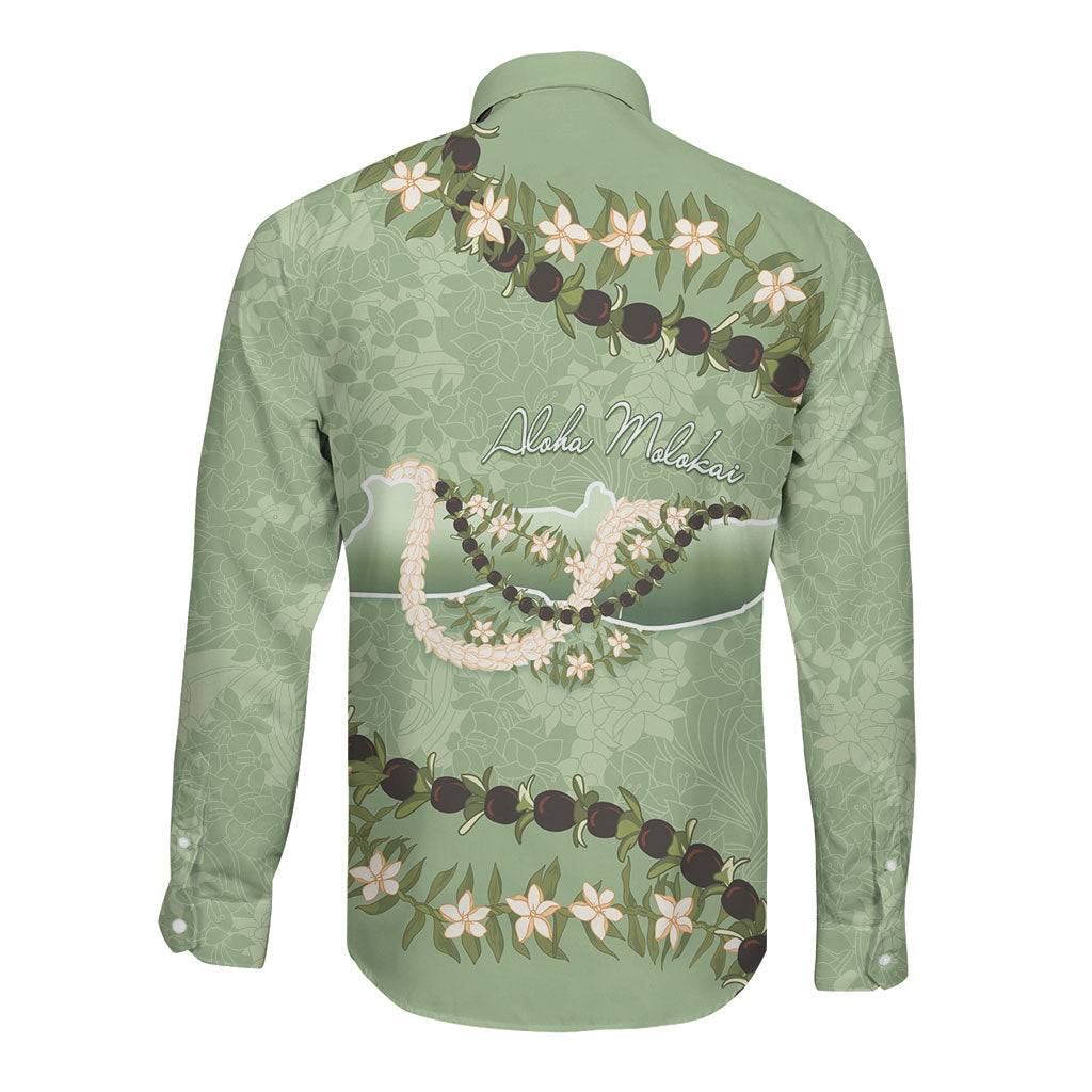 Hawaii Molokai Island Flowers Lei Long Sleeve Button Shirt Kukui Nut Mossy Green