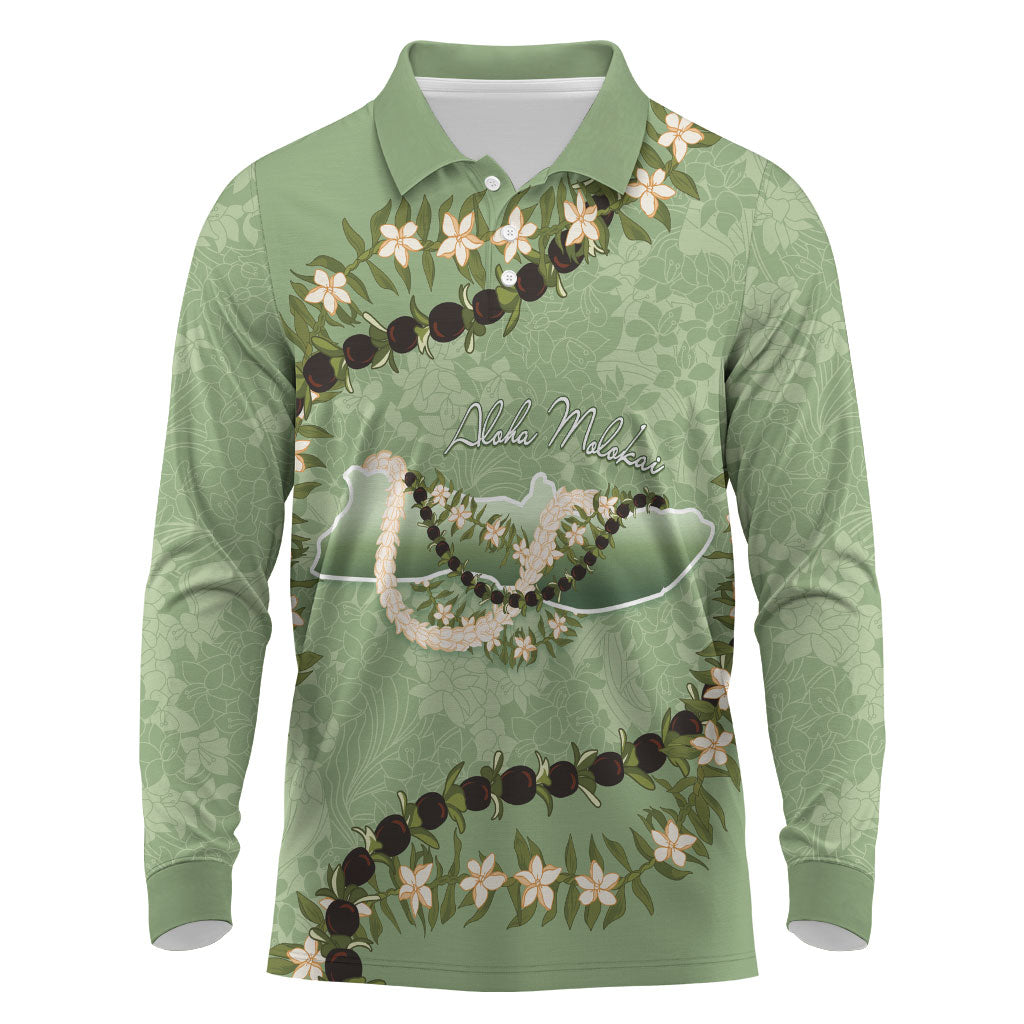 Hawaii Molokai Island Flowers Lei Long Sleeve Polo Shirt Kukui Nut Mossy Green LT7 Moss Green - Polynesian Pride