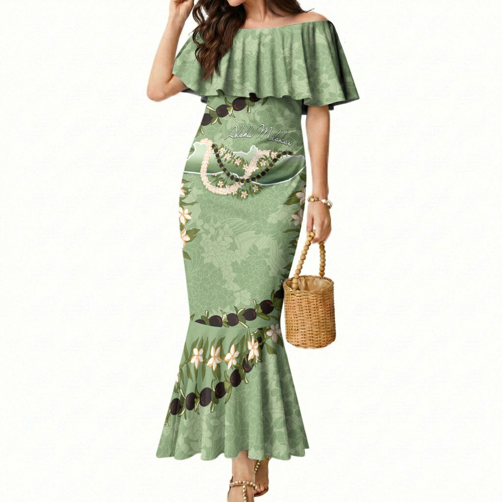 Hawaii Molokai Island Flowers Lei Mermaid Dress Kukui Nut Mossy Green LT7 Women Moss Green - Polynesian Pride