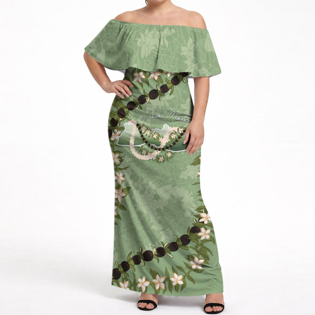 Hawaii Molokai Island Flowers Lei Off Shoulder Maxi Dress Kukui Nut Mossy Green LT7 Women Moss Green - Polynesian Pride