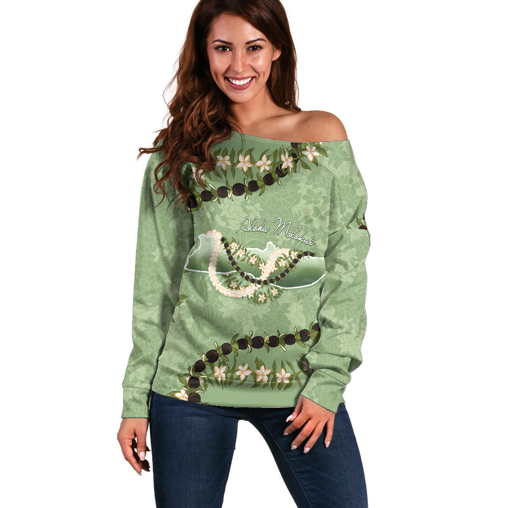 Hawaii Molokai Island Flowers Lei Off Shoulder Sweater Kukui Nut Mossy Green LT7 Women Moss Green - Polynesian Pride