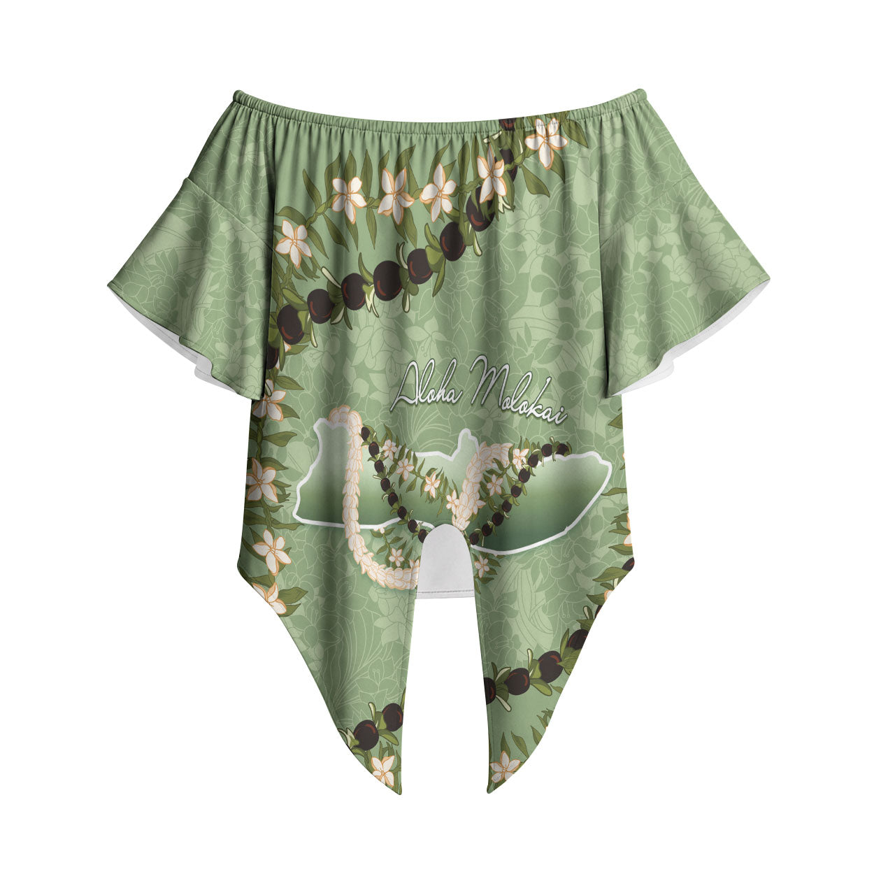 Hawaii Molokai Island Flowers Lei Off Shoulder Wrap Waist Top Kukui Nut Mossy Green LT7 Moss Green - Polynesian Pride