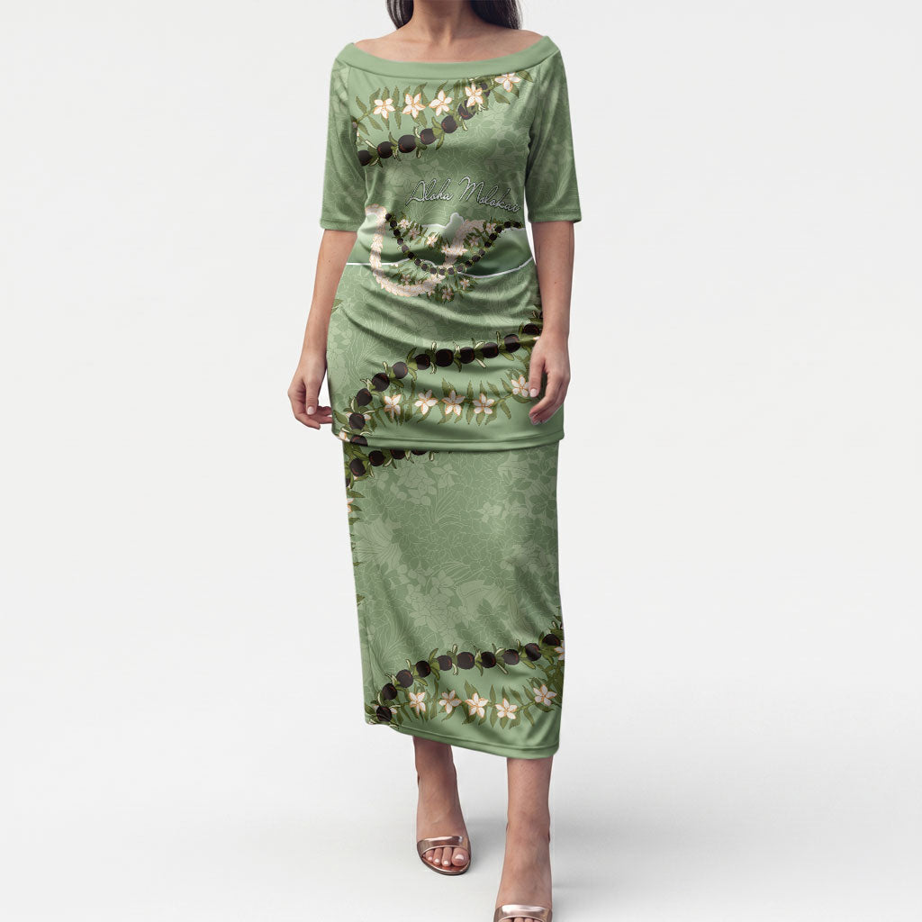 Hawaii Molokai Island Flowers Lei Puletasi Kukui Nut Mossy Green LT7 Long Dress Moss Green - Polynesian Pride
