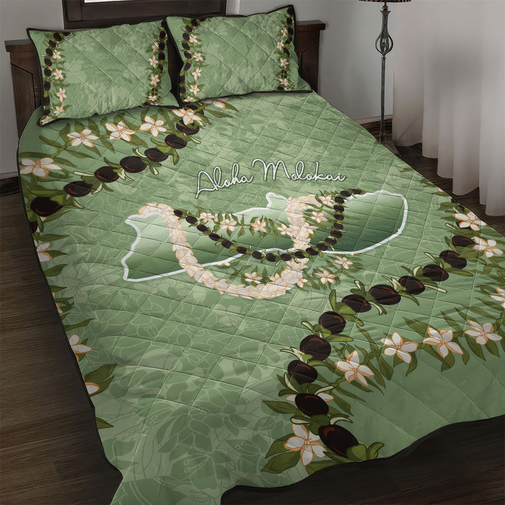 Hawaii Molokai Island Flowers Lei Quilt Bed Set Kukui Nut Mossy Green LT7 Moss Green - Polynesian Pride