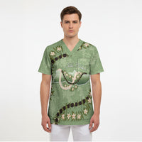 Hawaii Molokai Island Flowers Lei Scrub Top Kukui Nut Mossy Green