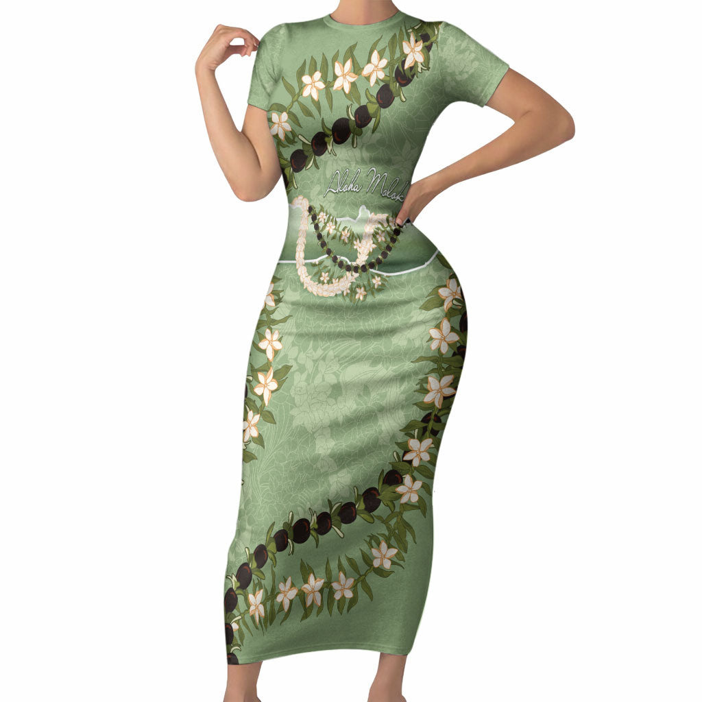 Hawaii Molokai Island Flowers Lei Short Sleeve Bodycon Dress Kukui Nut Mossy Green LT7 Long Dress Moss Green - Polynesian Pride