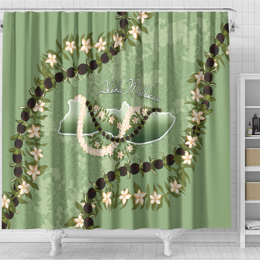 Hawaii Molokai Island Flowers Lei Shower Curtain Kukui Nut Mossy Green