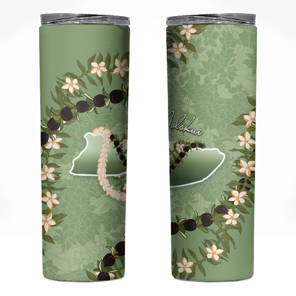 Hawaii Molokai Island Flowers Lei Skinny Tumbler Kukui Nut Mossy Green LT7 Moss Green - Polynesian Pride
