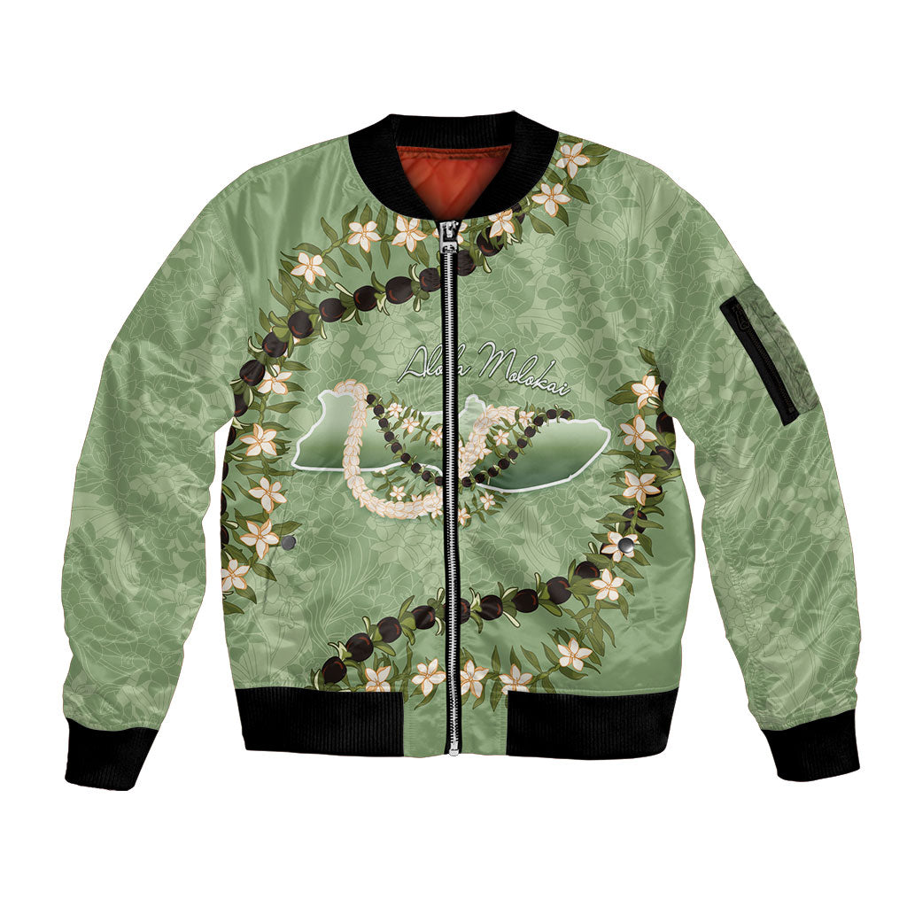 Hawaii Molokai Island Flowers Lei Sleeve Zip Bomber Jacket Kukui Nut Mossy Green LT7 Unisex Moss Green - Polynesian Pride