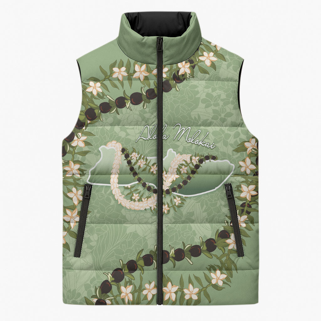 Hawaii Molokai Island Flowers Lei Sleeveless Puffer Jacket Kukui Nut Mossy Green LT7 Unisex Moss Green - Polynesian Pride