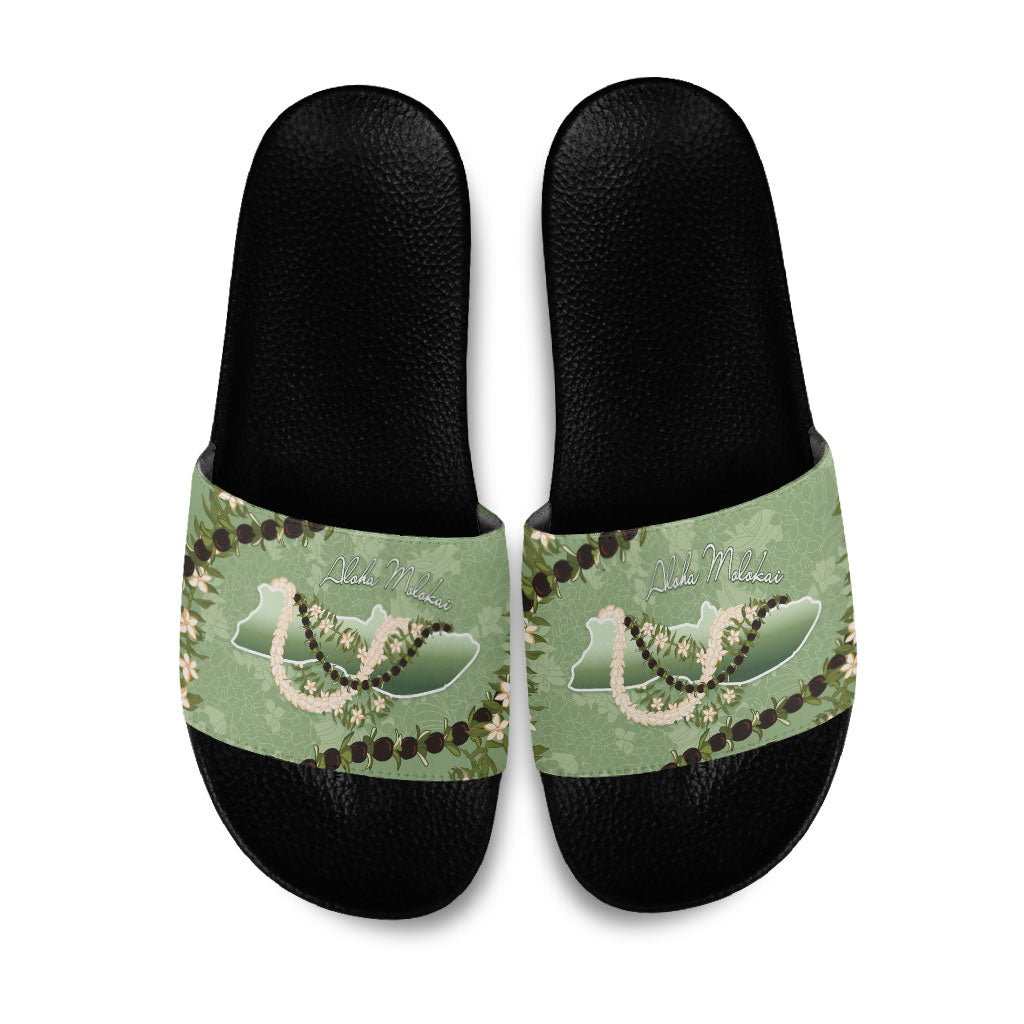Hawaii Molokai Island Flowers Lei Slide Sandals Kukui Nut Mossy Green LT7 Moss Green - Polynesian Pride