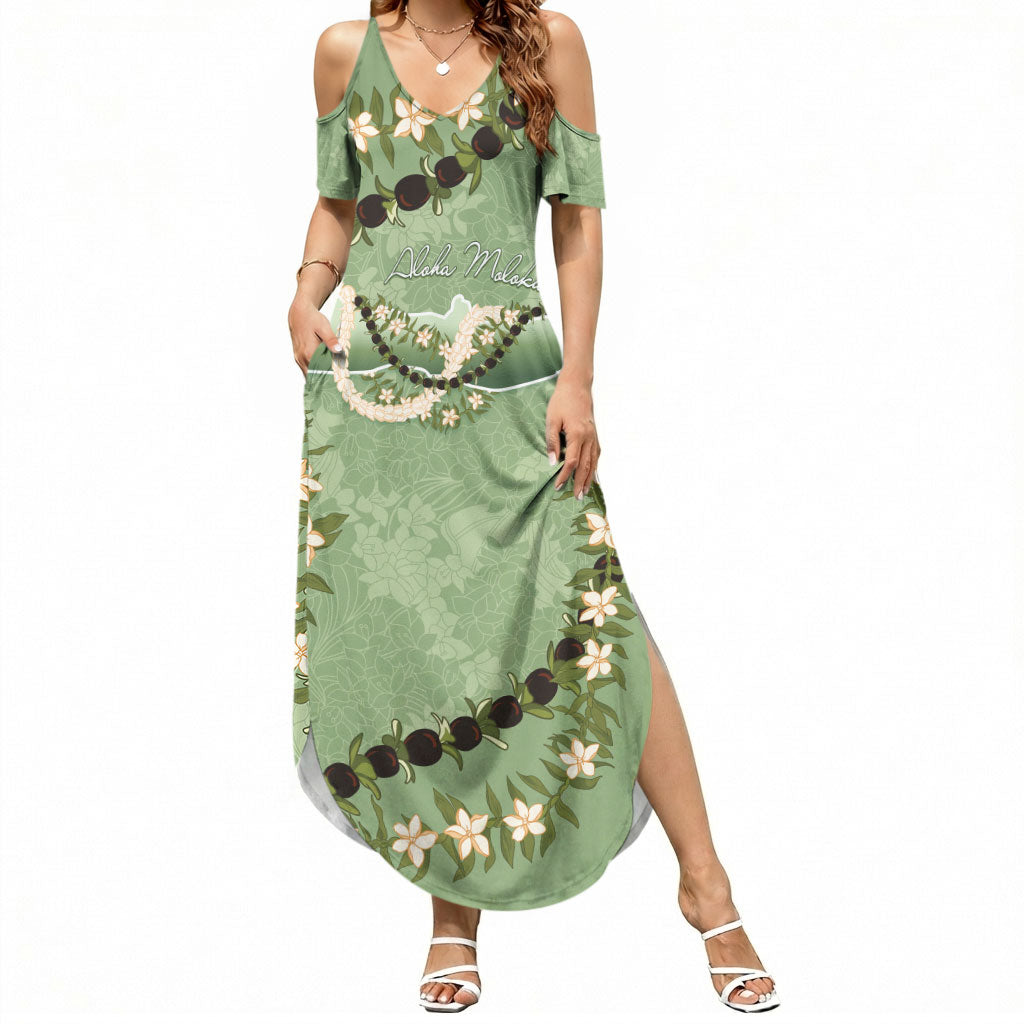 Hawaii Molokai Island Flowers Lei Summer Maxi Dress Kukui Nut Mossy Green LT7 Women Moss Green - Polynesian Pride