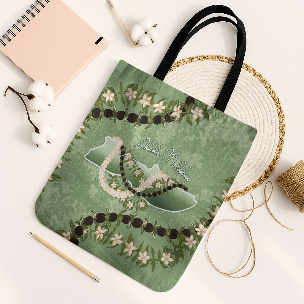 Hawaii Molokai Island Flowers Lei Tote Bag Kukui Nut Mossy Green LT7 Black Strap One Size Moss Green - Polynesian Pride
