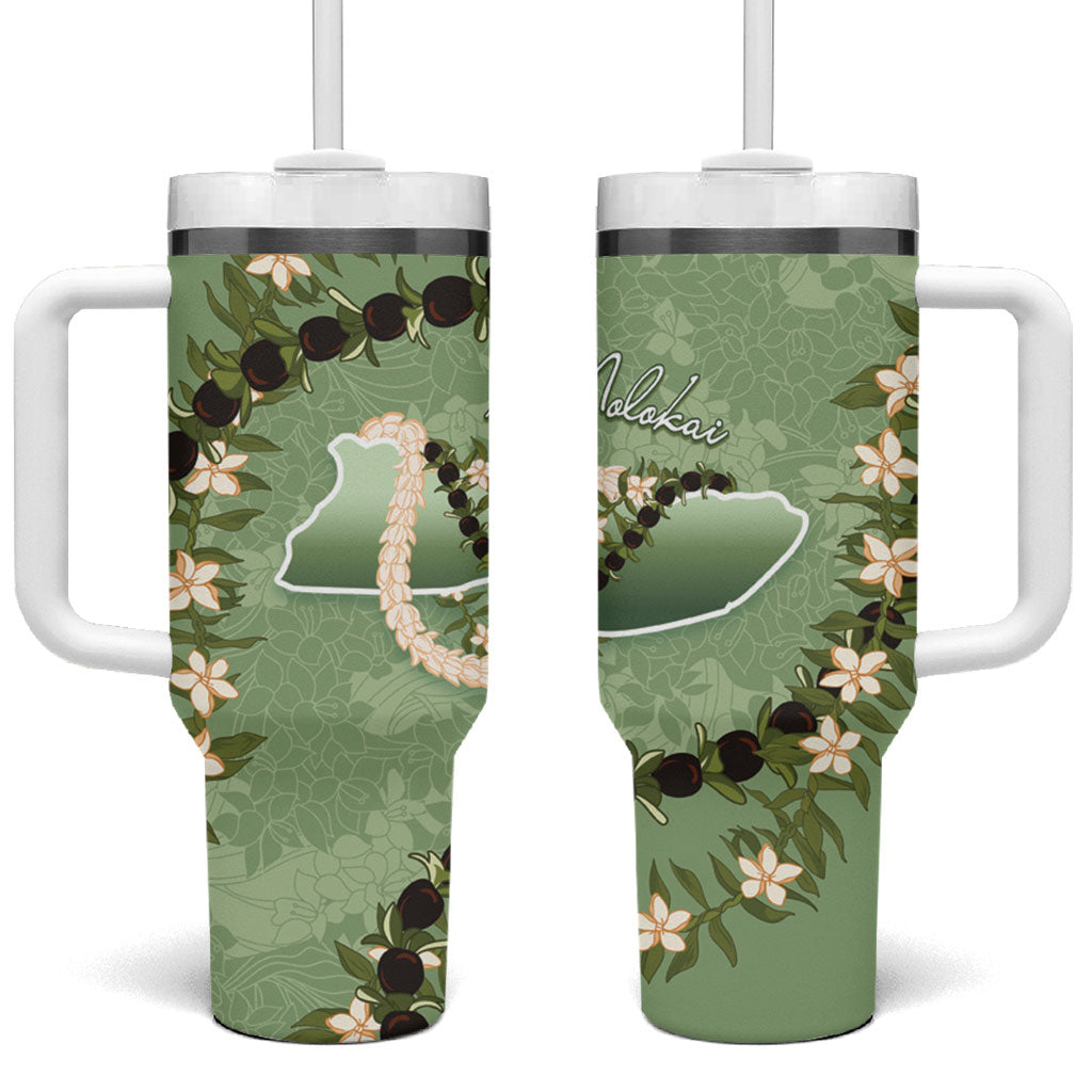 Hawaii Molokai Island Flowers Lei Tumbler With Handle Kukui Nut Mossy Green LT7 One Size: 40 oz Moss Green - Polynesian Pride