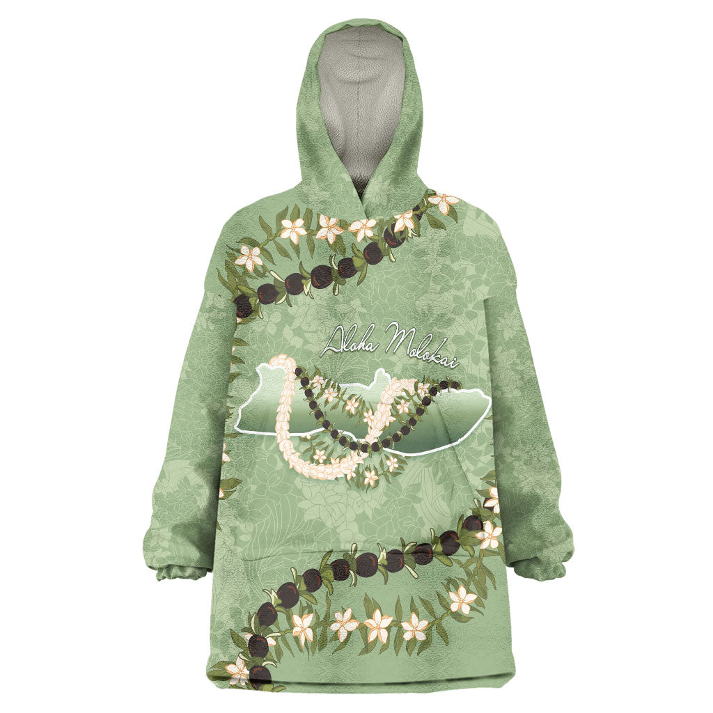 Hawaii Molokai Island Flowers Lei Wearable Blanket Hoodie Kukui Nut Mossy Green LT7 One Size Moss Green - Polynesian Pride