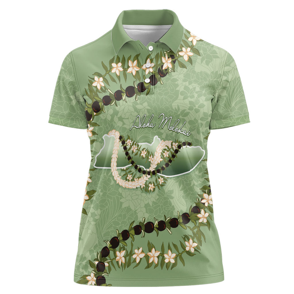 Hawaii Molokai Island Flowers Lei Women Polo Shirt Kukui Nut Mossy Green LT7 Female Moss Green - Polynesian Pride