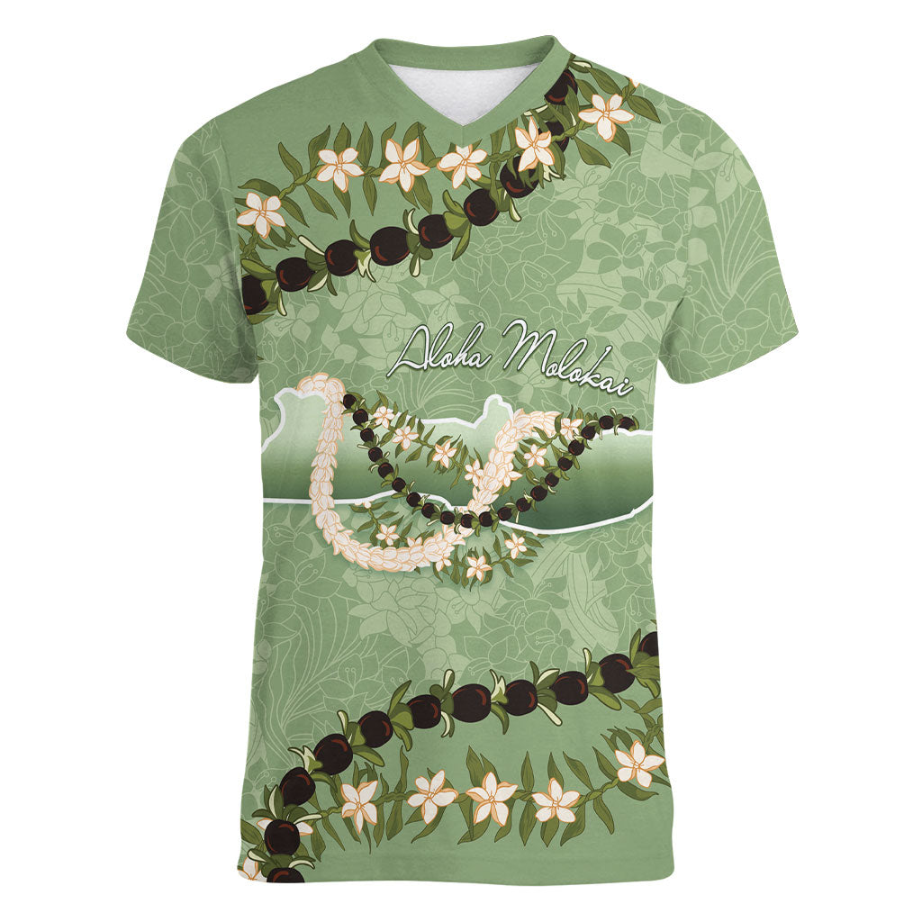 Hawaii Molokai Island Flowers Lei Women V-Neck T-Shirt Kukui Nut Mossy Green LT7 Female Moss Green - Polynesian Pride