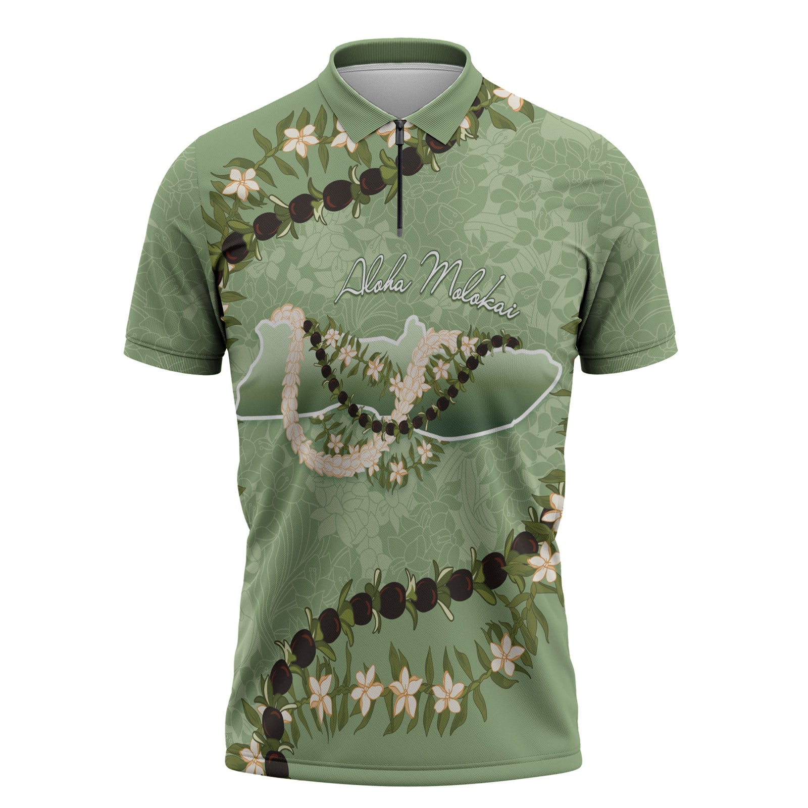 Hawaii Molokai Island Flowers Lei Zipper Polo Shirt Kukui Nut Mossy Green LT7 Moss Green - Polynesian Pride