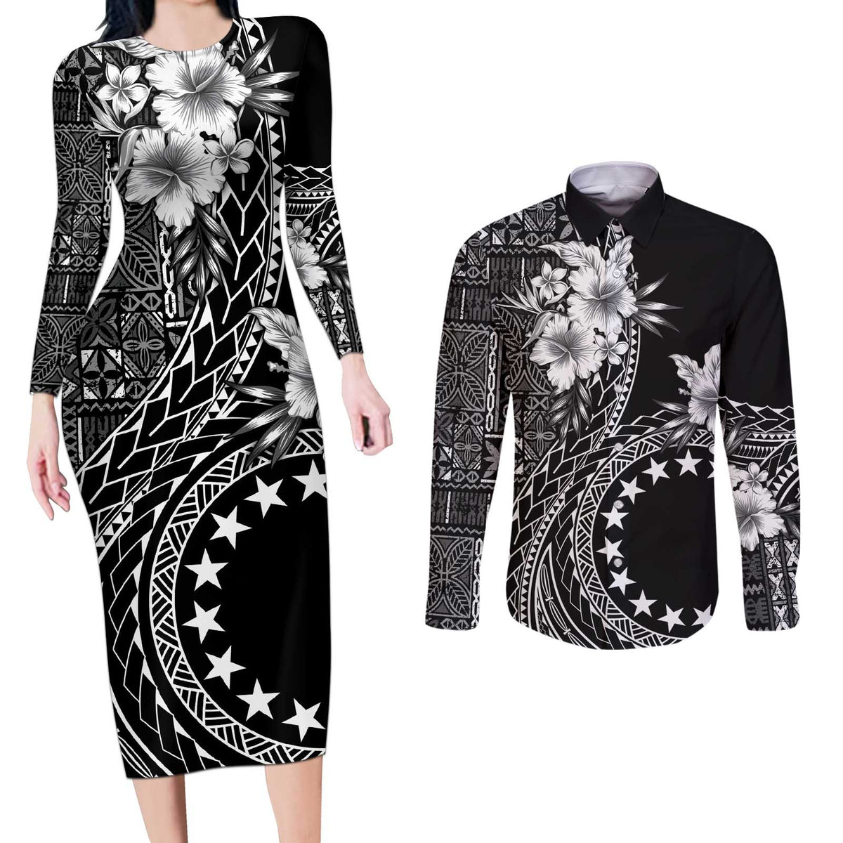 Kia Orana Cook Islands Couples Matching Long Sleeve Bodycon Dress and Long Sleeve Button Shirt Tiare and Stars LT7 Black - Polynesian Pride