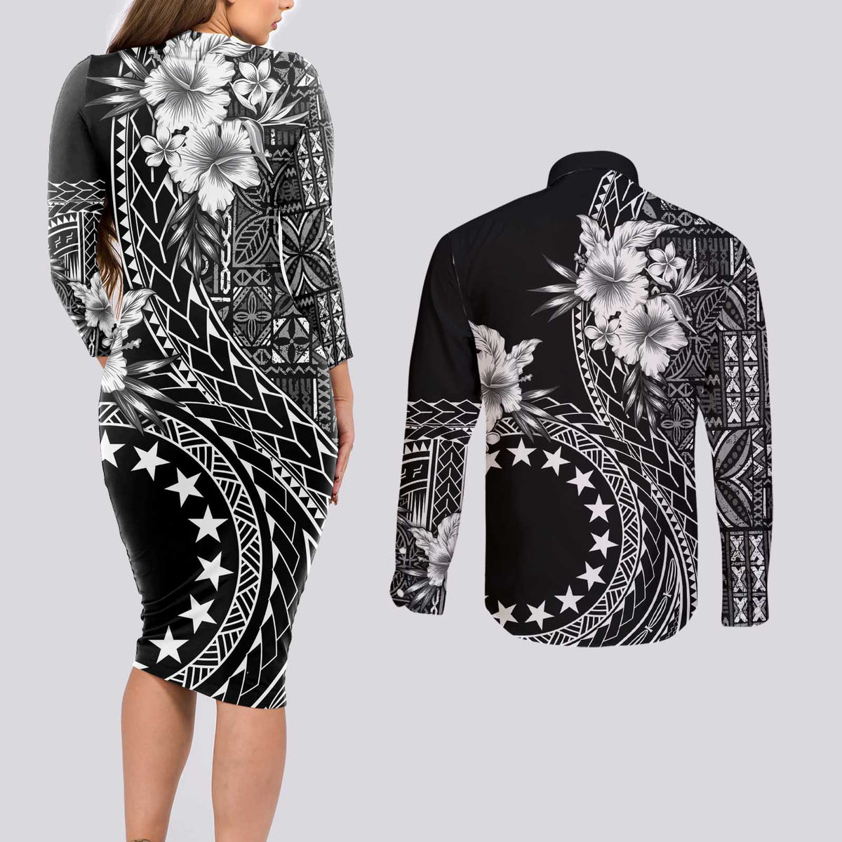 Kia Orana Cook Islands Couples Matching Long Sleeve Bodycon Dress and Long Sleeve Button Shirt Tiare and Stars LT7 - Polynesian Pride