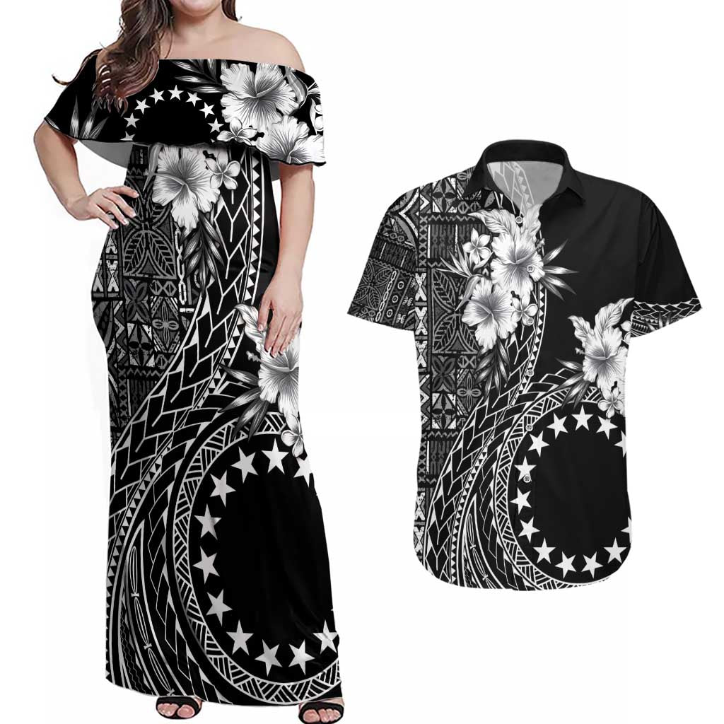 Kia Orana Cook Islands Couples Matching Off Shoulder Maxi Dress and Hawaiian Shirt Tiare and Stars LT7 Black - Polynesian Pride