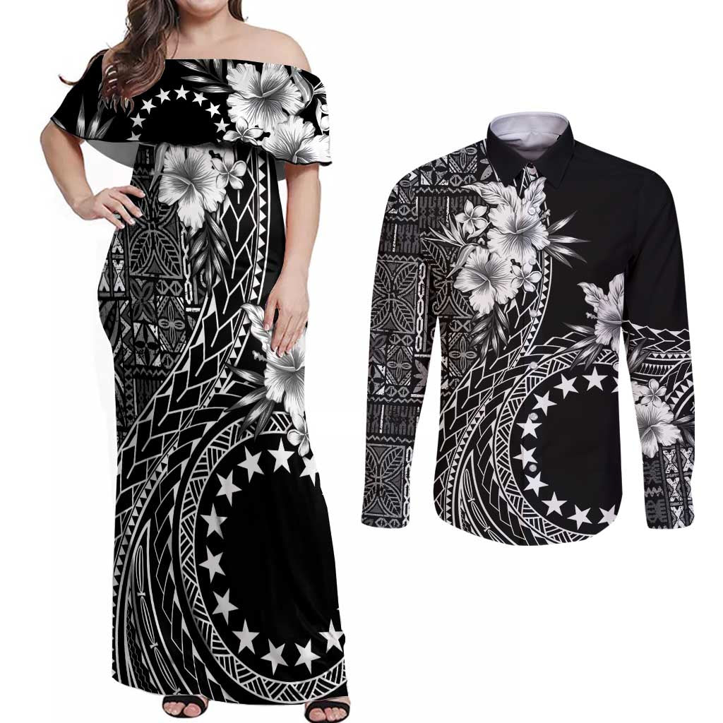 Kia Orana Cook Islands Couples Matching Off Shoulder Maxi Dress and Long Sleeve Button Shirt Tiare and Stars LT7 Black - Polynesian Pride