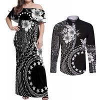 Kia Orana Cook Islands Couples Matching Off Shoulder Maxi Dress and Long Sleeve Button Shirt Tiare and Stars LT7 Black - Polynesian Pride