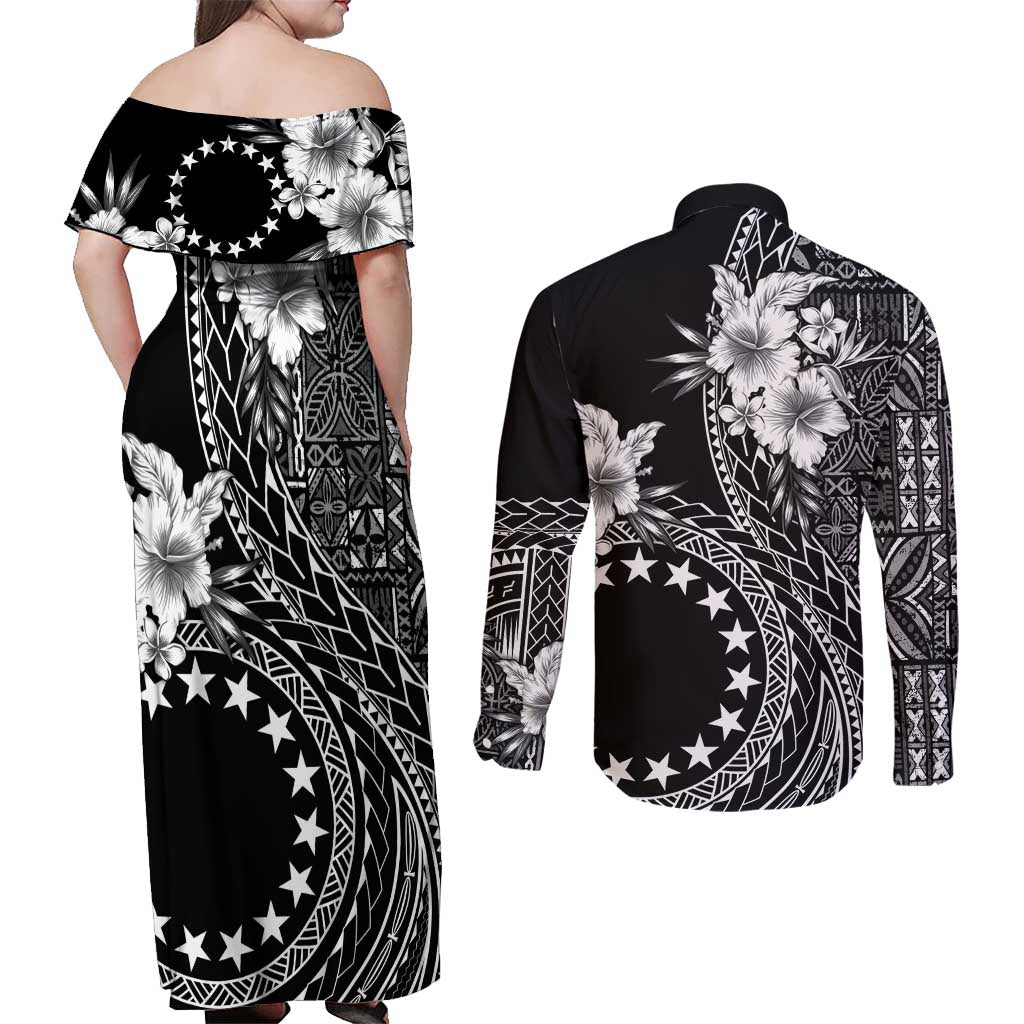 Kia Orana Cook Islands Couples Matching Off Shoulder Maxi Dress and Long Sleeve Button Shirt Tiare and Stars LT7 - Polynesian Pride