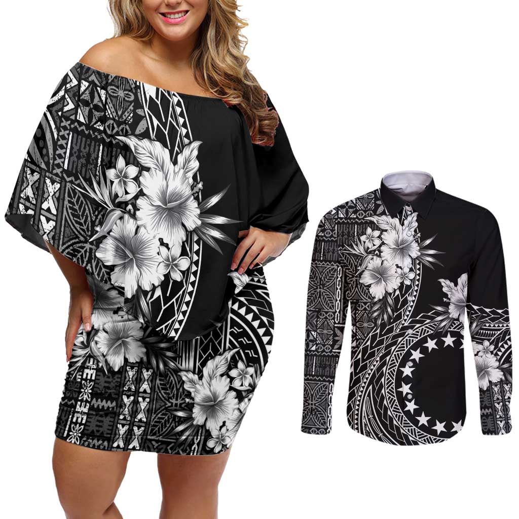 Kia Orana Cook Islands Couples Matching Off Shoulder Short Dress and Long Sleeve Button Shirt Tiare and Stars LT7 Black - Polynesian Pride