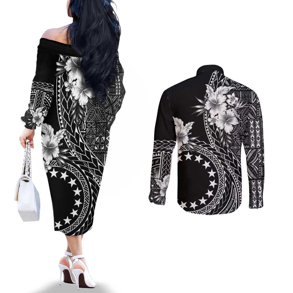 Kia Orana Cook Islands Couples Matching Off The Shoulder Long Sleeve Dress and Long Sleeve Button Shirt Tiare and Stars LT7 - Polynesian Pride