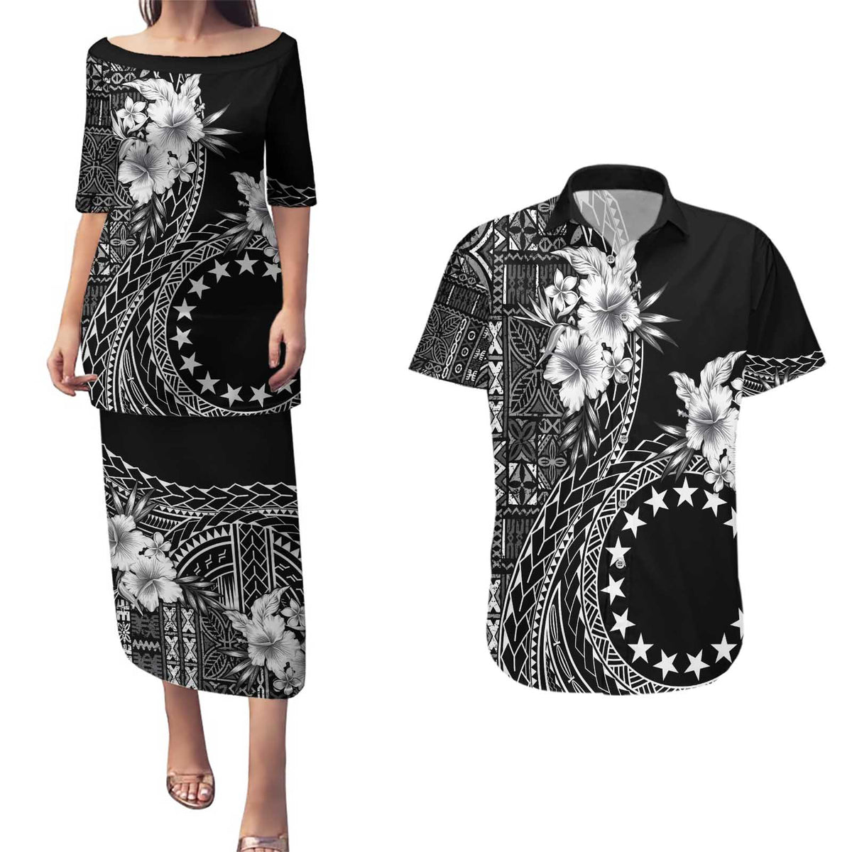 Kia Orana Cook Islands Couples Matching Puletasi and Hawaiian Shirt Tiare and Stars LT7 Black - Polynesian Pride