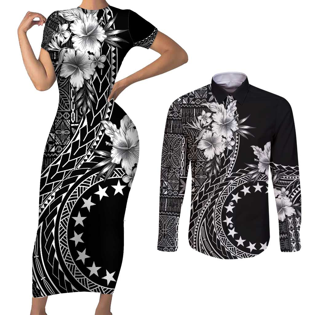 Kia Orana Cook Islands Couples Matching Short Sleeve Bodycon Dress and Long Sleeve Button Shirt Tiare and Stars LT7 Black - Polynesian Pride