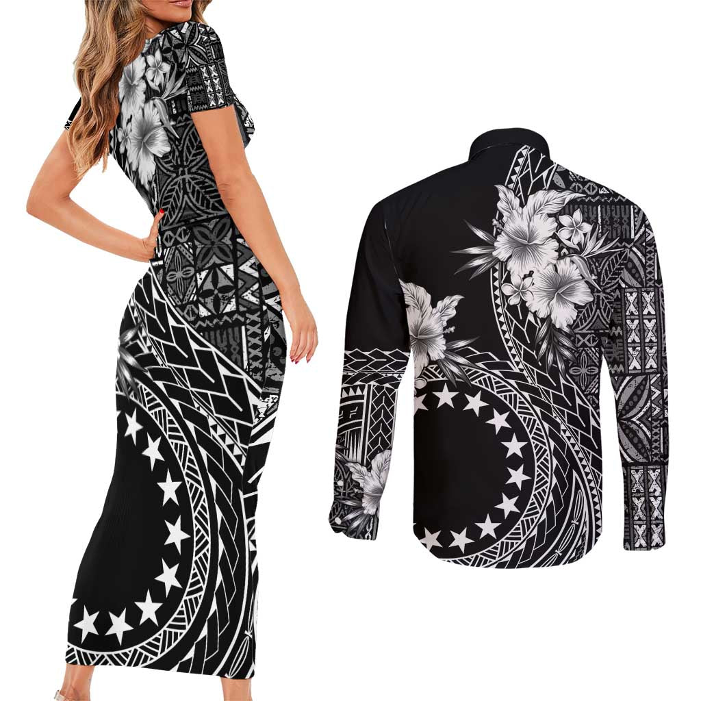 Kia Orana Cook Islands Couples Matching Short Sleeve Bodycon Dress and Long Sleeve Button Shirt Tiare and Stars LT7 - Polynesian Pride