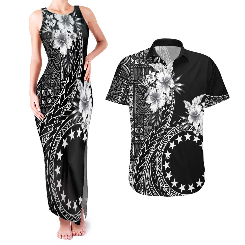 Kia Orana Cook Islands Couples Matching Tank Maxi Dress and Hawaiian Shirt Tiare and Stars LT7 Black - Polynesian Pride