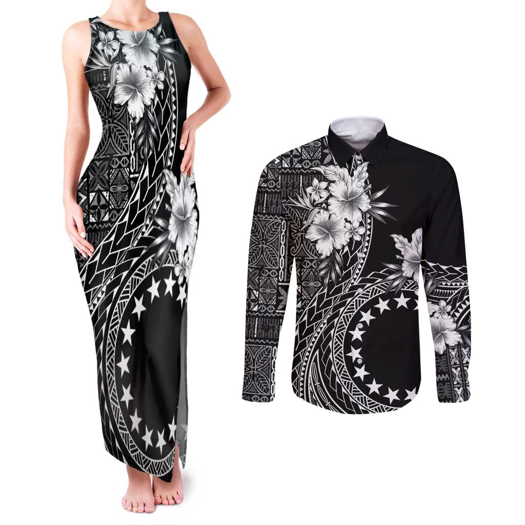 Kia Orana Cook Islands Couples Matching Tank Maxi Dress and Long Sleeve Button Shirt Tiare and Stars LT7 Black - Polynesian Pride