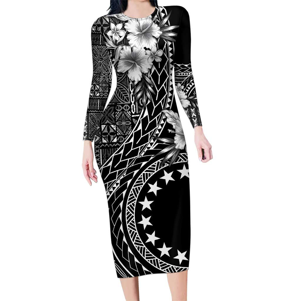 Kia Orana Cook Islands Family Matching Long Sleeve Bodycon Dress and Hawaiian Shirt Tiare and Stars LT7 Mom's Dress Black - Polynesian Pride