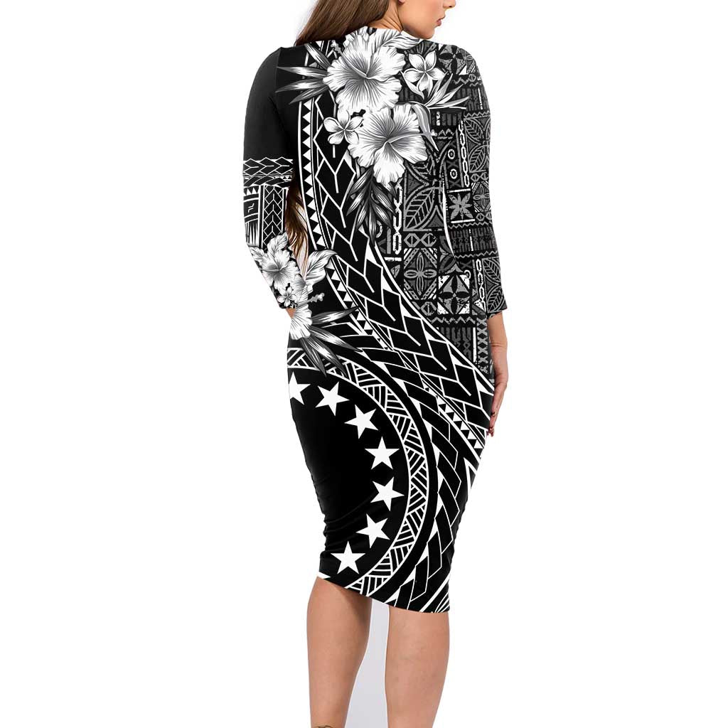 Kia Orana Cook Islands Family Matching Long Sleeve Bodycon Dress and Hawaiian Shirt Tiare and Stars LT7 - Polynesian Pride
