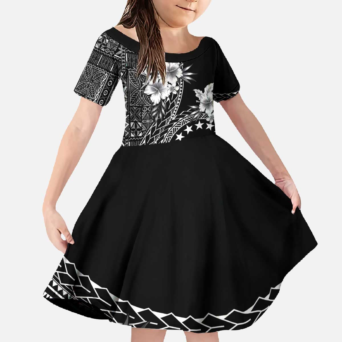 Kia Orana Cook Islands Family Matching Off The Shoulder Long Sleeve Dress and Hawaiian Shirt Tiare and Stars LT7 Daughter's Dress Black - Polynesian Pride