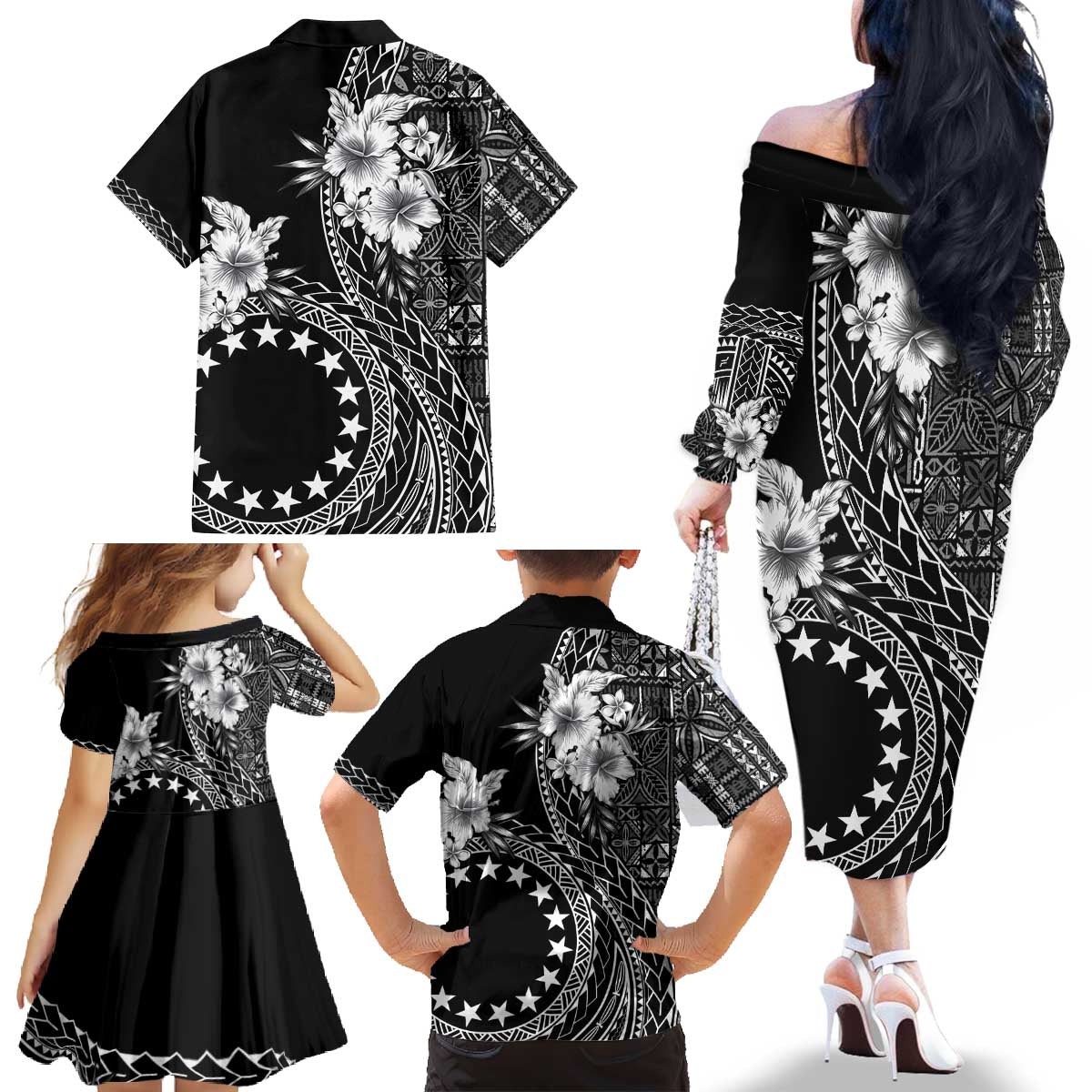 Kia Orana Cook Islands Family Matching Off The Shoulder Long Sleeve Dress and Hawaiian Shirt Tiare and Stars LT7 - Polynesian Pride