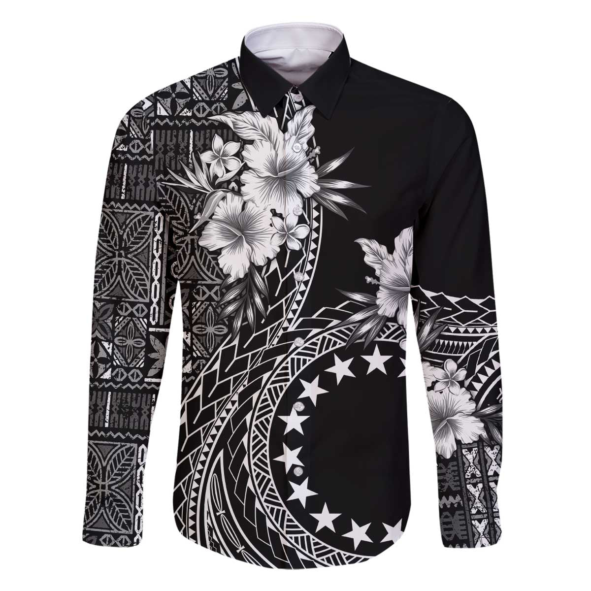 Kia Orana Cook Islands Family Matching Off The Shoulder Long Sleeve Dress and Hawaiian Shirt Tiare and Stars LT7 Dad's Shirt - Long Sleeve Black - Polynesian Pride