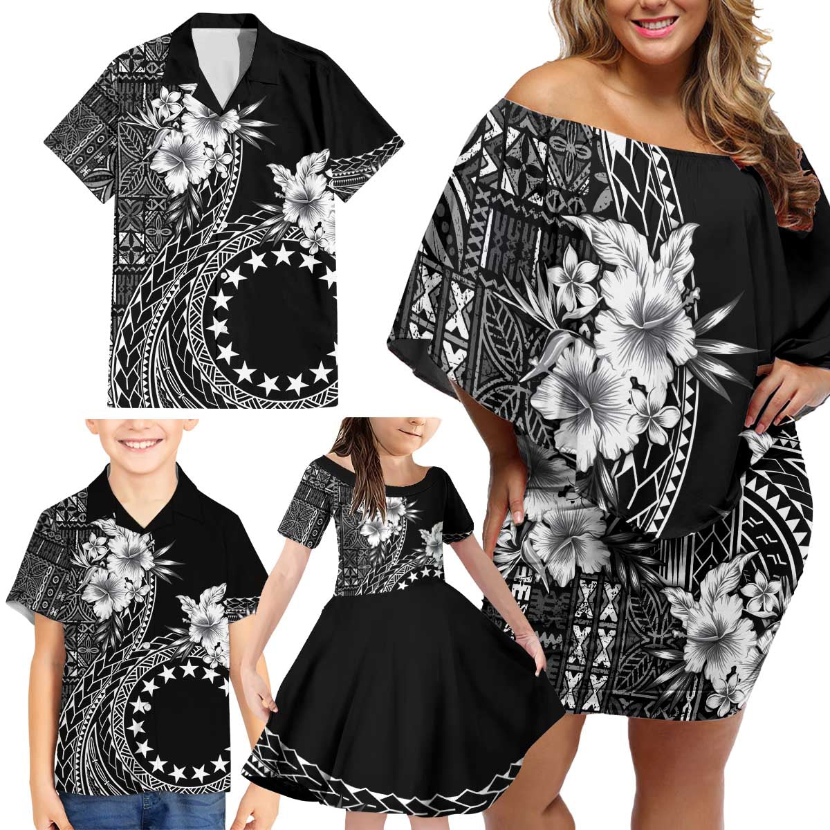Kia Orana Cook Islands Family Matching Off Shoulder Short Dress and Hawaiian Shirt Tiare and Stars LT7 - Polynesian Pride