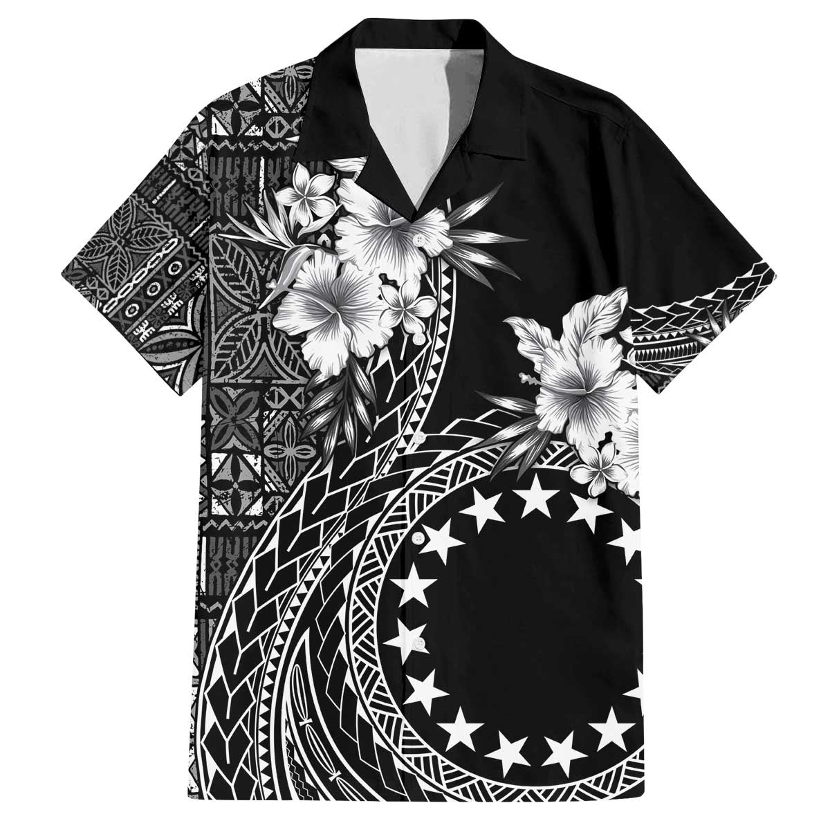 Kia Orana Cook Islands Family Matching Off Shoulder Short Dress and Hawaiian Shirt Tiare and Stars LT7 Dad's Shirt - Short Sleeve Black - Polynesian Pride